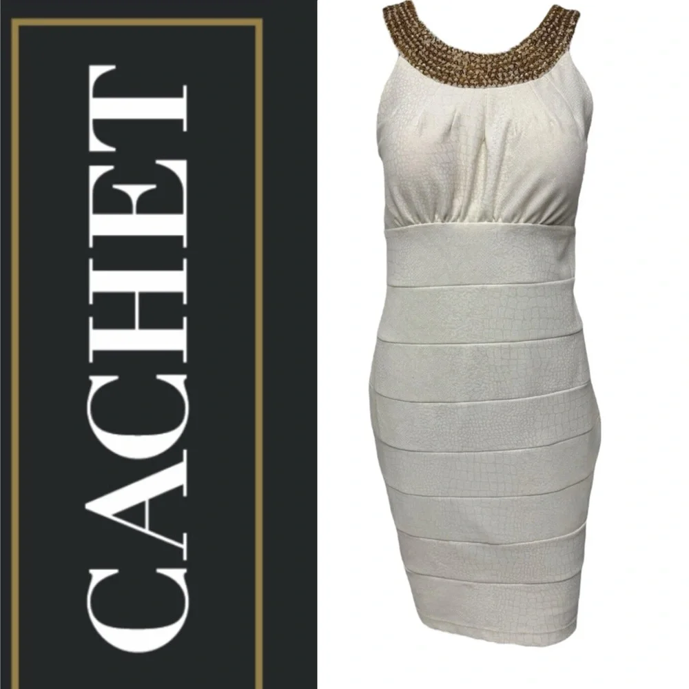 Cachet Gold Beaded Neckline Bodycon ivory Dress ‎ Sleeveless Size Small
